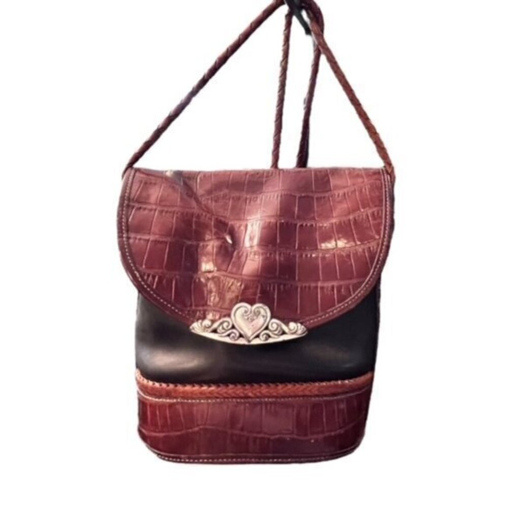 🎉SALE🎉 BRIGHTON BLACK LEATHER BROWN CROC BUCKET CROSSBODY SHOULDER BAG PURSE